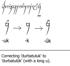 [Correcting durbatuluk to durbatulûk by removing the curl(s) on the <quesse> and replacing them with a doubled curl character]
